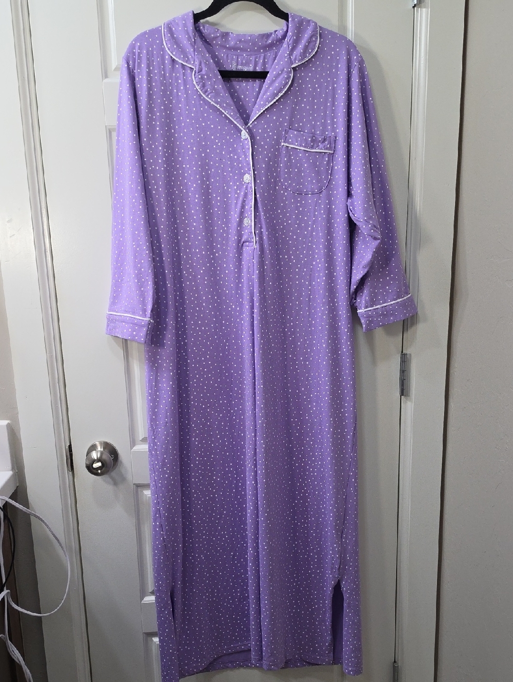 Pajamagram Lavender Polka Dot Long Nightgown with Piping - Large - 100% Cotton